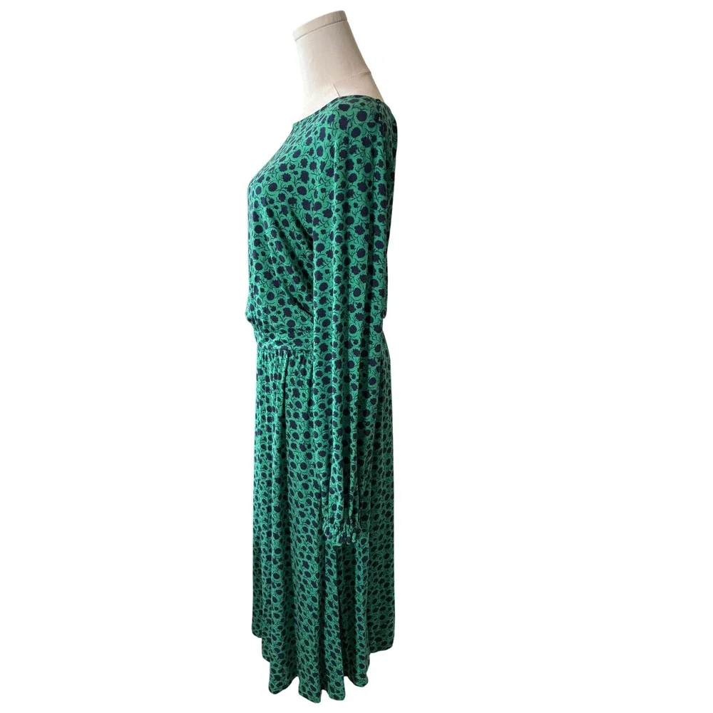 Boden Womens Green Navy Blue Floral Jersey Midi Dress Long Sleeve Size 8R Modest
